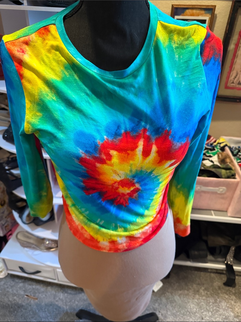 Alice + Olivia Rainbow Tie-Dye Long Sleeve Crop Top